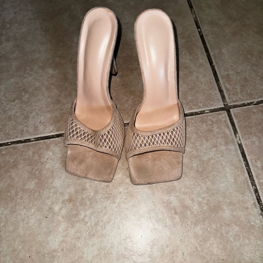 Cream fishnet heels